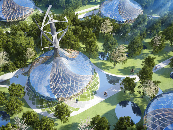 Baptisés Flavours Orchard, ces orques d’arômes situés à Kumming dans la province du Yunnan en Chine composent 45 villas énergétiques BEPOS dans un immense jardin communautaire de vergers gastronomiques intégrant un Smart Grid autogéré par les jardiniers-habitants et les participants au projet. Elles sont subdivisés en trois typologies, dont 15 villas dites “Mountain” qui s’ouvrent à 180 degrés pour suivre le chemin du soleil.