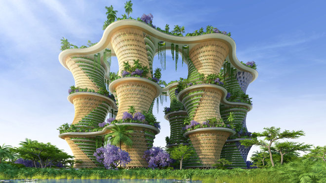Les Hyperions, à New-Dehli, en Inde forment un ensemble de six tours polyvalentes en bois accueillant des bureaux, des logements, des systèmes d’agroécologie, d’agroforesterie, de permaculture, d’aquaponique, d'agriculture urbaine.