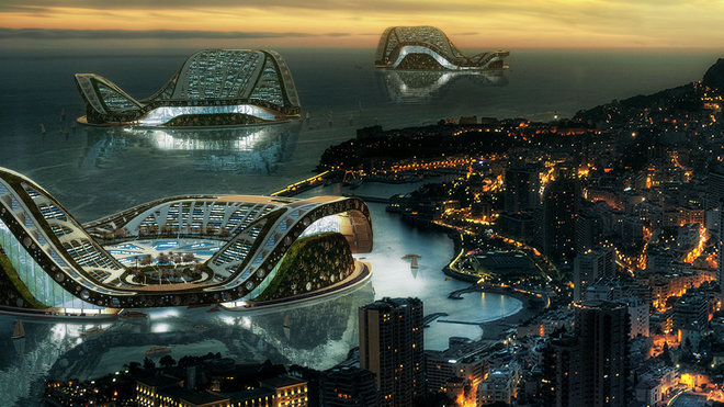 L’Ecopolis flottant Lilypad à Monaco est destiné à accueillir les réfugiés climatiques. Il compose une véritable ville semi-aquatique et semi-terrestre amphibie, capable d’héberger 50 000 habitants et invitant la biodiversité à développer sa faune et sa flore autour d'une lagune centrale d'eau douce qui collecte et purifie les eaux pluviales.