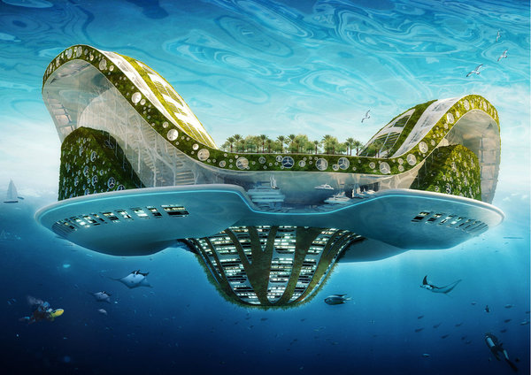 La structure flottante de Lilypad est directement inspirée de la grande plante aquatique de la famille des Nymphéas, l’Amazonia Victoria Regia, augmentée 250 fois. Sa double peau est faite de fibres de polyester recouvertes d’une couche de dioxide de titane qui, en réagissant aux rayons ultraviolets, permet d’absorber la pollution atmosphérique par effet photocatalytique. Entièrement autosuffisante, Lilypad reprend les quatre principaux défis lancés par l'OCDE en mars 2008: climat, biodiversité, eau et sant