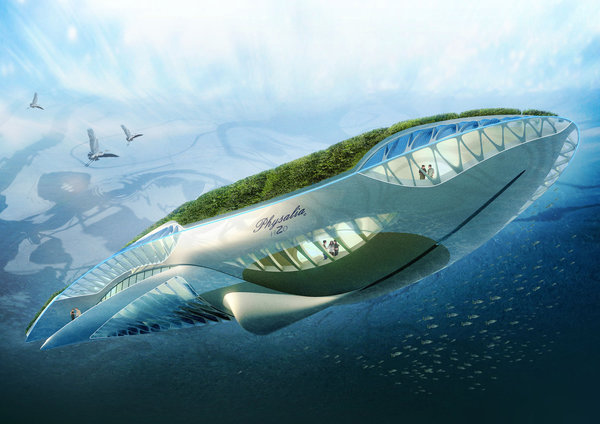 Physalia est aussi un système de nettoyage amphibie de la pollution. Véritable vaisseau, 100% autosuffisant en énergie, sa structure bionique et oblongue, à la symétrie parfaite, symbolise la synthèse de la nature et des biotechnologies dédiées à la navigation.