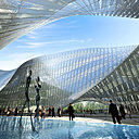 Le bâtiment du Swallow’s Net, à Taichung, Taiwan abrite une bibliothèque publique et un musée dédiés aux Beaux-Arts et à la Littérature. Il présente des façades intelligentes en verre, pixelées par des cellules solaires photovoltaïques assurant une autonomie énergétique.