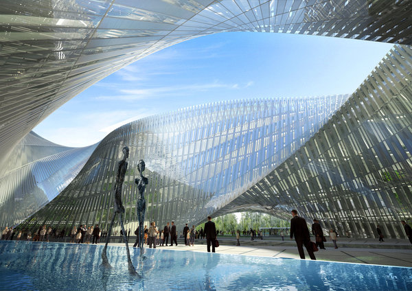 Le bâtiment du Swallow’s Net, à Taichung, Taiwan abrite une bibliothèque publique et un musée dédiés aux Beaux-Arts et à la Littérature. Il présente des façades intelligentes en verre, pixelées par des cellules solaires photovoltaïques assurant une autonomie énergétique.