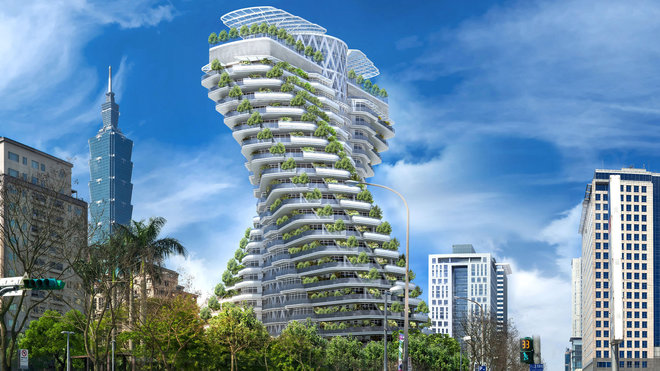 La tour verte Tao Zhu Garden, à Taipei. Situé à Taiwan et en cours de finalisation, ce complexe résidentiel qui absorbe le carbone, sera recouvert de 23 000 arbres. Sa forme, en double hélice tournant à 90 degrés, est inspirée par celle d’un brin d’ADN.