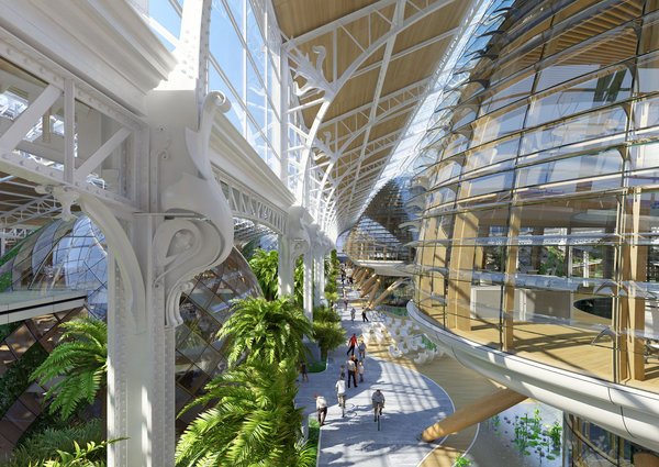 Dans la nouvelle Gare Maritime bruxelloise de Tour et Taxis, on retrouvera les éléments en fer forgé Art nouveau, ses formes végétales stylisées dessinées par Frédéric Bruneel qui ornent les piliers et arches et s’associent à la végétation luxuriante d’un jardin tropical.