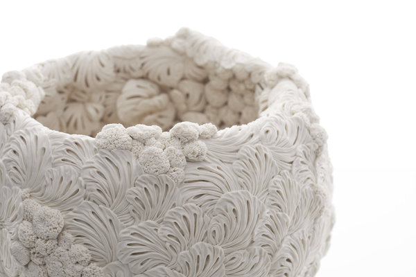 Détail d’un vase fleur où se fond la forme et le décor, comme orchestré par Dame Nature. An English Daisy and Rose Vase, porcelaine, création Hitomi Hosono, 2016.