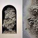 Créations en terre crue sans apprêt ni passage au four et destinées à tomber en poussière. The Delusion of Grandeur, œuvres en argile, fil métallique et bois, création Phoebe Cummings, 2011. Créations en terre crue sans apprêt ni passage au four et destinées à tomber en poussière. The Delusion of Grandeur, œuvres en argile, fil métallique et bois, création Phoebe Cummings, 2011.