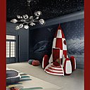 Pour un futur astronaute, siège fusée  Rocky Rocket, tapis Moon et coffre à jouet Silver Box, création Circu. Lampadaire cosmo, Delightfull.