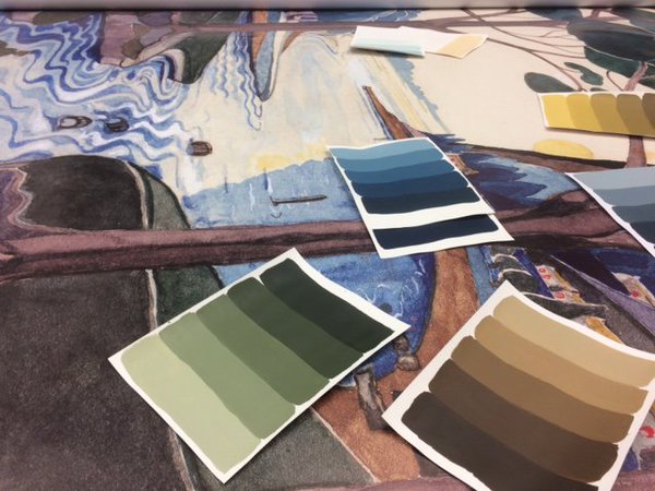 Le premier carton à l'étude de réalisation après numérisation et en cours de recherches de couleurs, pour l'échantillonnage des laines