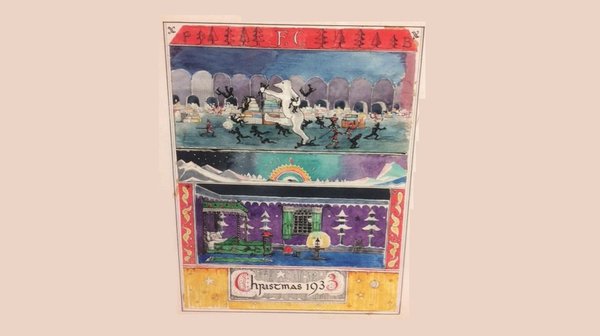 Crayon, encre noir, encre de couleur, aquarelle de J.R.R Tolkien Christmas 1933 d'après the Father Christmas Letters © The Tolkien Estate Limited 1976 19,8 x 24,7 cm projet d'une tapisserie au format : 2m50x2m03