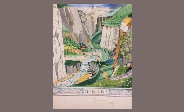 Rivendell d'après The hobbit original de J.R.R Tolkien 1937 crayon aquarelle, encre noire 17,6 x13,5 cm projet d'une tapisserie au format : 3,20x3,20 m ©The Tolkien Estate Limited 1937