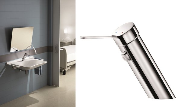 Pour les collectivités, le mitigeur de lavabo Securitherm biosafede Delabie à équilibrage de pression avec sortie biosafe hygiénique intégrée au corps.