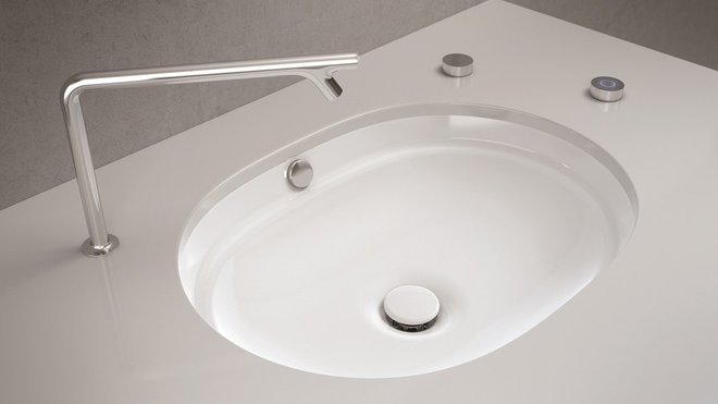 Métropole de Vitra est un lavabo qui se nettoie grâce à un système de cartouche et de détergent intégré à la vasque et combiné à un détecteur, déclenchant le rinçage.