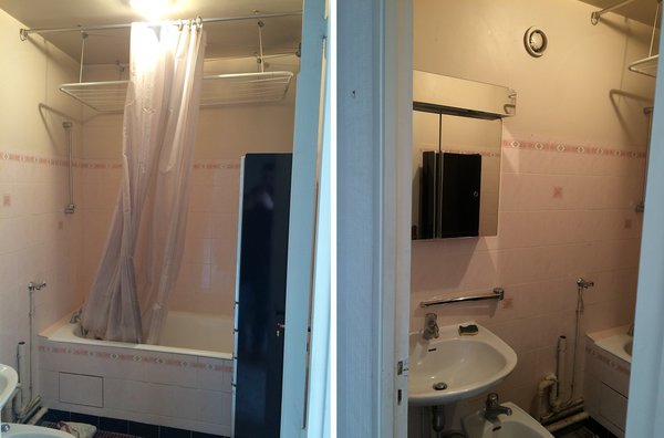 Avant : une salle de bains avec baignoire au rangement limité à une armoire de toilette.