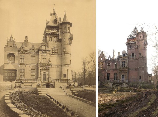 L’abandon des monuments: le château Charles-Albert, 1869, Watermael-Boitsfort, vue après l’incendie.