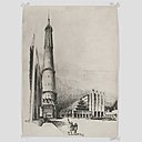 Projet d’une tour des télécommunications pour l’Expo 58, Bruxelles, 1955. Esquisse de la tour à côté du palais du Heysel. Gustave Magnel (1889-1955).