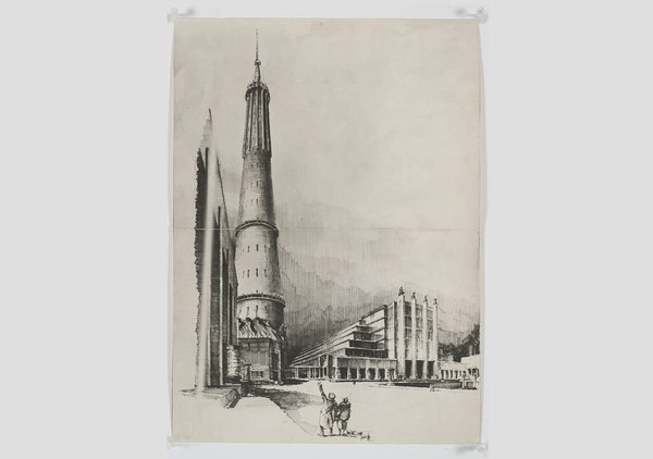 Projet d’une tour des télécommunications pour l’Expo 58, Bruxelles, 1955. Esquisse de la tour à côté du palais du Heysel. Gustave Magnel (1889-1955).