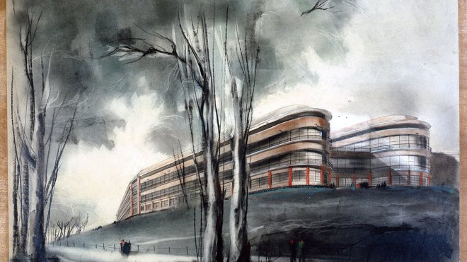 Projet de transformation et d’agrandissement du Musée royal d’Histoire naturelle, Bruxelles, parc Léopold, 1930. Perspective du projet d’ensemble. Architecte Henry LACOSTE (1885-1958). Collab. Lucien De Vestel (1902-1967).