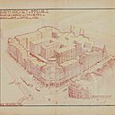 Avant-projet d’immeuble à programme mixte, Bruxelles, quartier de la Putterie, 1934. Perspective de l’îlot à l’angle de la rue de la Madeleine. Architecte Joseph Purnelle.