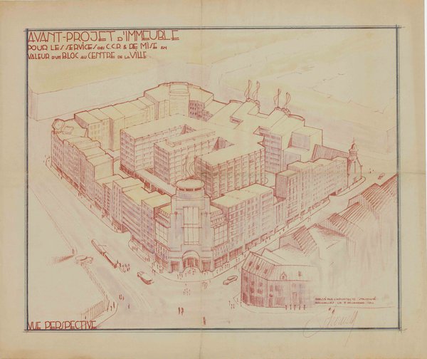Avant-projet d’immeuble à programme mixte, Bruxelles, quartier de la Putterie, 1934. Perspective de l’îlot à l’angle de la rue de la Madeleine. Architecte Joseph Purnelle.