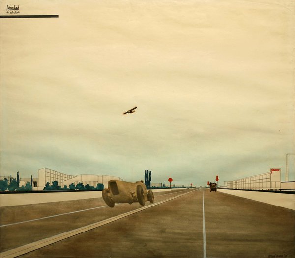 Projet théorique de ville linéaire,1934. Perspective de l’autoroute centrale. Architecte Renaet Braem (1910-2001).