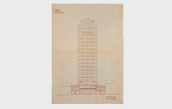 Projet d’un immeuble à appartements à programme mixte, Ixelles, quartier de la place Fernand Cocq, 1935. Élévation de la façade principale. Architecte Victor Bourgeois (1897-1962).