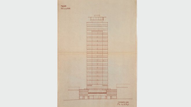 Projet d’un immeuble à appartements à programme mixte, Ixelles, quartier de la place Fernand Cocq, 1935. Élévation de la façade principale. Architecte Victor Bourgeois (1897-1962).