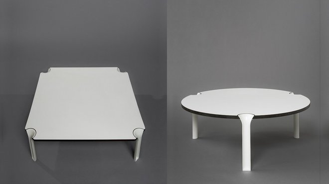 Table basse, modèle carré et modèle rond, édition T.F.M A.R.C., Mobilier National, 1972, création André Monpoix.