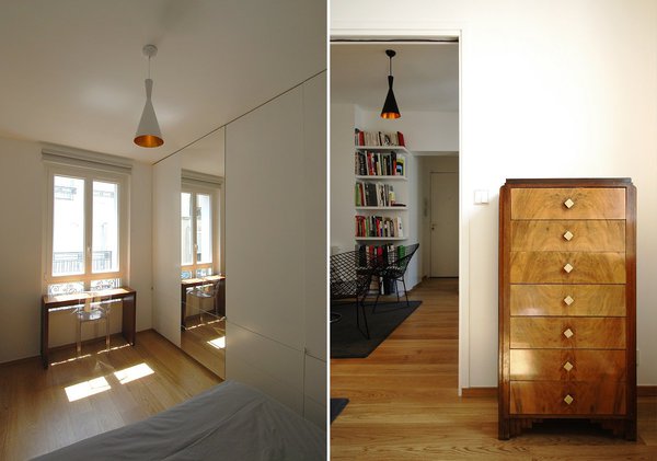 La chambre après : un petit bureau a été installé sous la fenêtre. La porte battante entre la pièce de jour et celle de nuit a été supprimée et remplacée par un panneau coulissant intégré dans la double cloison pour faciliter la communication et gagner de la place.