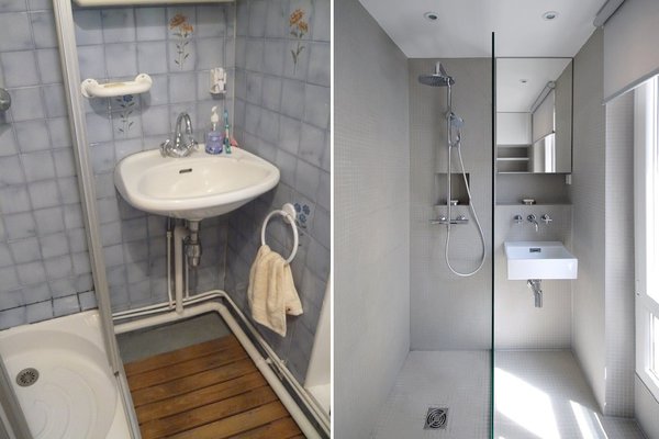 A gauche, la salle de bains avant : un espace qui appartient à un autre temps avec une tuyauterie apparente inesthétique et des équipements et des matériaux vieillots. A droite, la salle de bains après : un espace design et épuré avec un rangement fermé doté d’un miroir en façade, au-dessus du lavabo. Une tablette et une niche de rangement malignes et pratiques pour les produits de toilette de tous les jours.