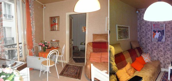 Le salon avant : un espace réduit par la présence de la porte d’accès à la chambre et aménagé dans un coin de la pièce.