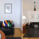 Le salon après : un vrai salon parfaitement meublé et aménagé dans la partie la plus large de la pièce. Canapé LC2, création Le Corbusier édité chez Cassina fauteuils Diamond, création Harry Bertoia, édités chez Knoll.