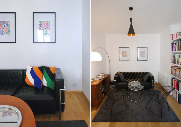 Le salon après : un vrai salon parfaitement meublé et aménagé dans la partie la plus large de la pièce. Canapé LC2, création Le Corbusier édité chez Cassina fauteuils Diamond, création Harry Bertoia, édités chez Knoll.