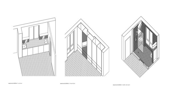 Axonométries de la cuisine, de la chambre et de la salle de bains. Ces perspectives axonométriques sont une forme de représentation en deux dimensions d'objets en trois dimensions qui ont pour objectif de conserver l'impression de volume ou de relief.