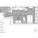 Plan du projet : un espace à la fonctionnalité optimale. Les pièces n’ont pas changé de fonction mais leur surface respective a été optimisée. Les portes battantes existantes ont été remplacées par des portes coulissantes. Les rangements intégrés font aussi gagner de l’espace au sol et facilitent la circulation.