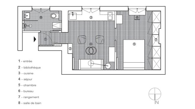 Plan du projet : un espace à la fonctionnalité optimale. Les pièces n’ont pas changé de fonction mais leur surface respective a été optimisée. Les portes battantes existantes ont été remplacées par des portes coulissantes. Les rangements intégrés font aussi gagner de l’espace au sol et facilitent la circulation.