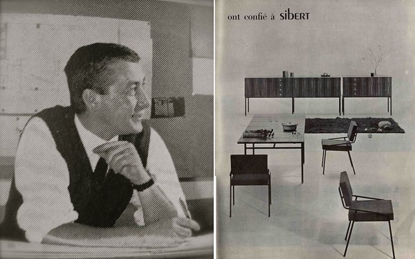 A gauche, Alain Richard, un designer né en 1926 et décédé en août 2017 à l’âge de 91 ans. Son studio de création fondé en 1952 s’est doublé en 1972 d’un département de design graphique. Une exposition rétrospective sera bientôt organisée par la Galerie Pascal Cuisinier spécialisée dans le design français des années 1950 à 1970. A droite, publicité de 1961 avec la table et l’enfilade 802 et la chaise 159 dessinées par Alain Richard pour Meubles TV.
