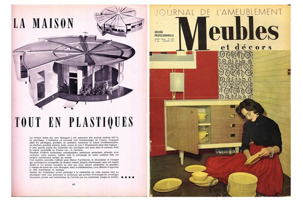 A gauche, publication de 1956 concernant la maison expérimentale tout en plastiques conçue par les architectes René Coulon et Ionel Schein et commandée par les Charbonnages de France et le magazine Elle. Son intérieur a été aménagé par Alain Richard avec des meubles parfaitement intégrés. A droite couverture du Journal de l’ameublement de novembre 1953 avec commode dessinée par Alain Richard.