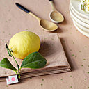 Nappe et serviette Na Lina coloris Litchi avec pluie de pois or, en métis (lin et coton), lavable en machine à 40°. Nappe en 160 x 160 cm et 160 x 250 cm. Serviette, 40 x 40 cm. Création La Cerise Sur Le Gâteau.