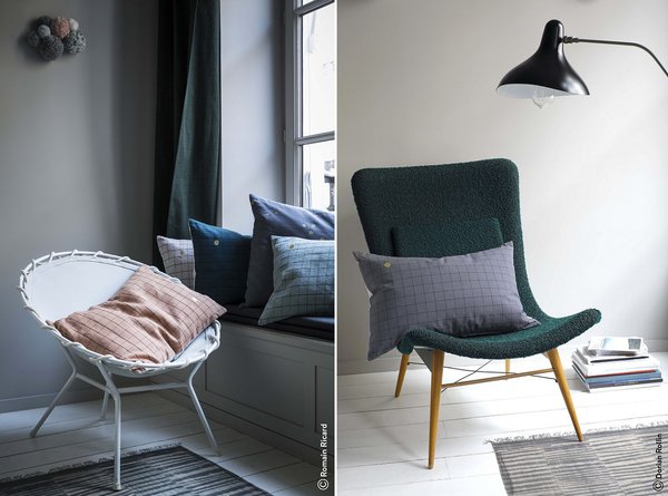 Coussins Oscar en lin surteint avec pois or. Existe en 40 x 40 cm, 50 x 50 cm et 30 x 50 cm et 6 couleurs. Création La Cerise Sur Le Gâteau.