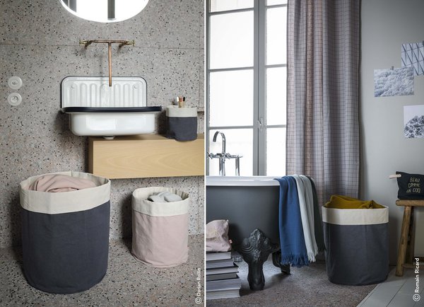 Paniers de rangement, modèle Pa déhoussables en coton équipés d’une structure pour les deux tailles supérieures (3 tailles, 18 x 18 cm, 30 x 36 cm et 40 x 48 cm). Lavable en machine à 40 °. Création La Cerise Sur Le Gâteau.