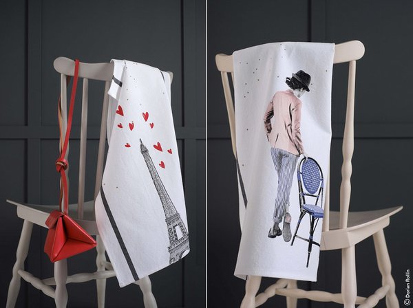 Torchons Eiffel et Elisa en coton (50 x 80 cm. Création La Cerise Sur Le Gâteau.