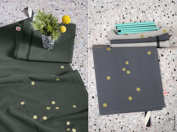 Torchons Odette à pois or, coloris Sencha, Sésame et Fleur de sel. Création La Cerise Sur Le Gâteau.