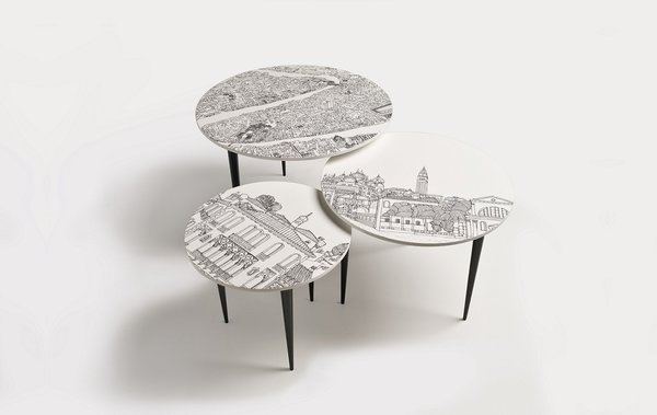 La laque et l’impression numérique se combinent pour cet ensemble de tables raffinées de l’éditeur italien Extroverso,