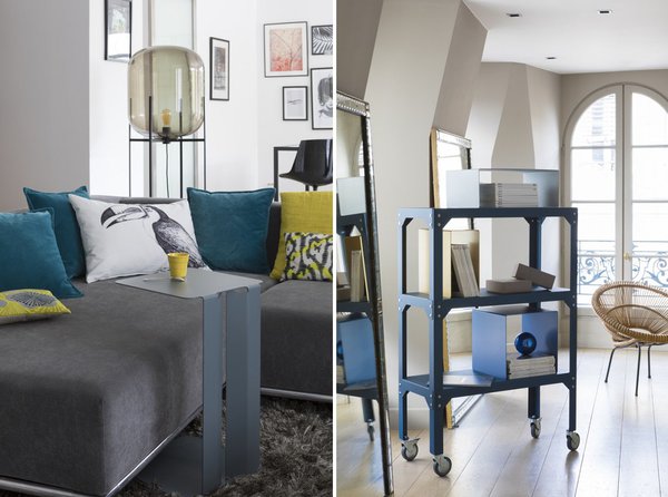 A gauche, bout de canapé Leste (H 50 x 30 x 30 cm) créé par Luc Josancy. A droite, étagère Hegoa qui propose un programme de rangement modulable. Sur roulettes, elle est déclinée en 8 dimensions, 3 largeurs et 3 hauteurs, avec 2, 3 ou 4 tablettes et des montants pré-percés pour les placer à la hauteur désirée. 27 couleurs disponibles. Création Luc jozancy.