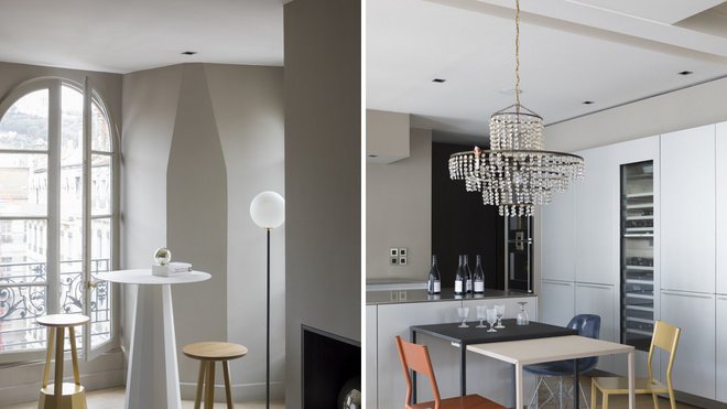 Deux façons de se manger : à gauche, pour un coin repas sur le pouce avec le mange debout Ankara (H 110 x 70 x 70 cm) et le tabouret haut assorti (H 75 cm). Création Constance Guisset. A droite, en cuisine avec la double table Rafale coulissante (deux tailles : H 75 x 120 x 180 et H 75 x 180 x 100 cm). La partie inférieure à roulettes se glisse en silence grâce à un roulement à billes sous le plateau supérieur. Les couleurs des deux tables peuvent êtres différentes  et choisies dans une gamme de 26 coloris.