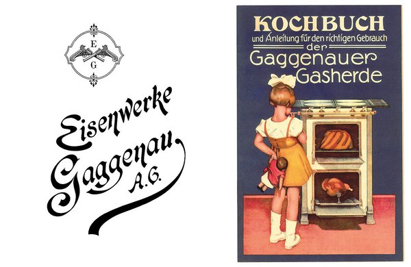 A gauche, le logotype et l’emblème de la société d’origine. A droite, une publicité attestant que la firme spécialisée dans les fourneaux à gaz et au charbon, désormais sous la direction du Dr. Otto von Banquet, produit alors des cuisinières électriques à la sécurité renforcée.
