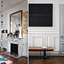 Lampe Blesse, livre sculpture Jeff Koons édité chez Taschen, suspension Boris Chouvellon, dessins Elsa Louise Manceaux. Sur la cheminée, lampe Emilie Colin Garos. Banc Eliot Barnes, tableau noir Luis Felipe Ortega.