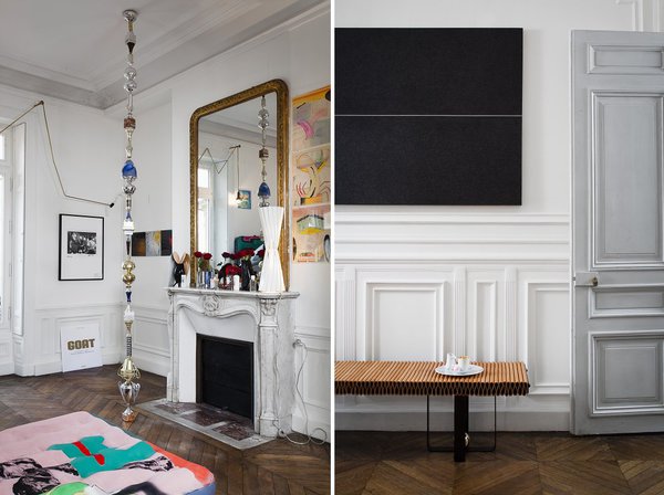Lampe Blesse, livre sculpture Jeff Koons édité chez Taschen, suspension Boris Chouvellon, dessins Elsa Louise Manceaux. Sur la cheminée, lampe Emilie Colin Garos. Banc Eliot Barnes, tableau noir Luis Felipe Ortega.