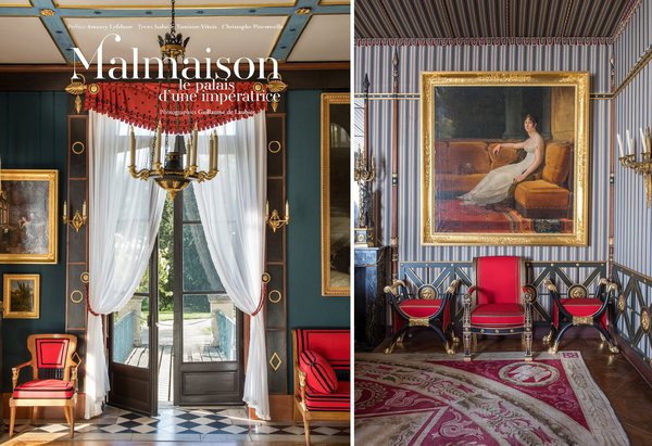 A gauche, la couverture du livre avec la petite galerie dite salon de musique où Joséphine accrochait ses tableaux de fleurs et de style troubadour qu’elle appréciait particulièrement. A droite, détails du mobilier de la salle du conseil.